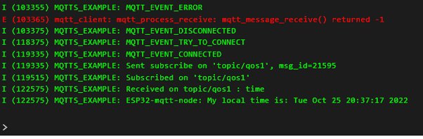 Console view of the ESP32 MQTT Demo Application after reconnection to broker due to a failed network connection