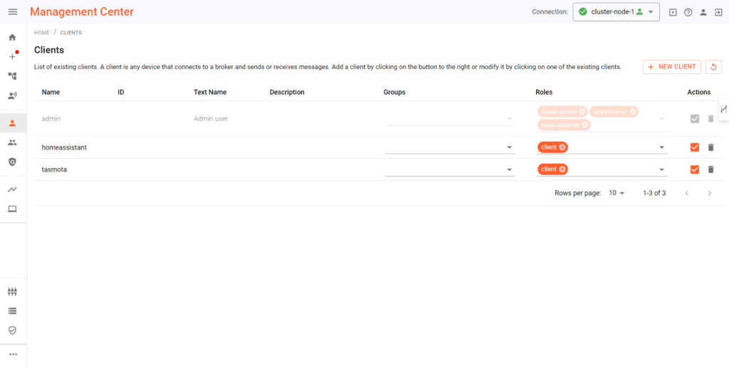 Clients section in Management Center