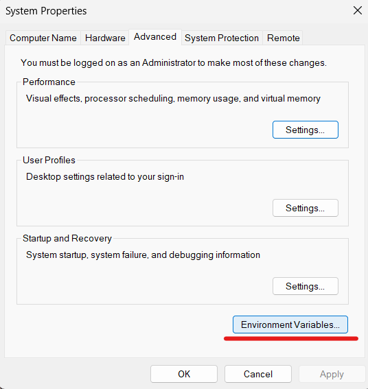Navigating to the Environmental Variables in system properties