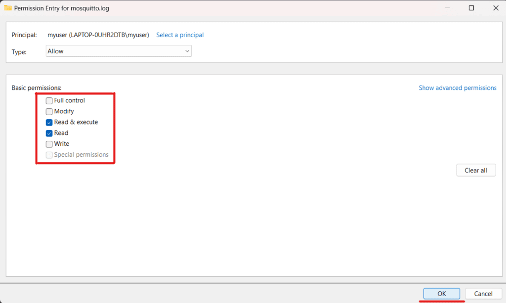 Permission entry for mosquitto.log