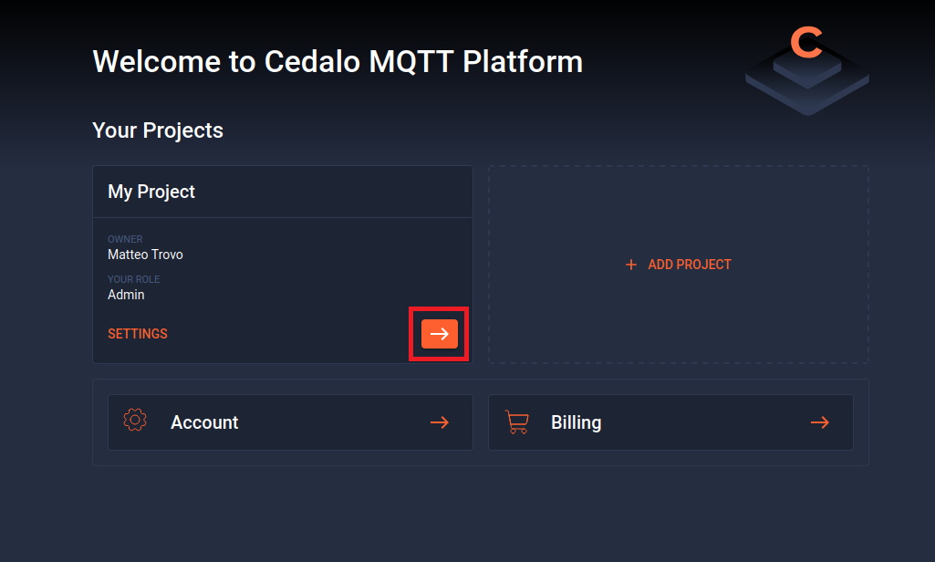 Cedalo MQTT Platform welcome screen