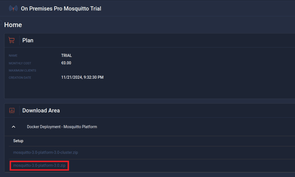 Download the single-node Docker setup from the "Download Area" in the Cedalo MQTT Platform