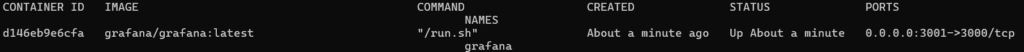 Resulting output shows that the Grafana container is running
