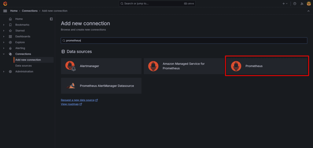 Select "Prometheus" in the Grafana connection page