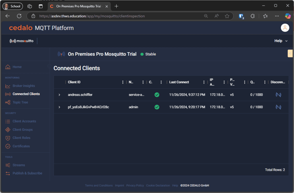 Client inspection shows two client connections: one using JWT, and the other using $CONTROL topics.
