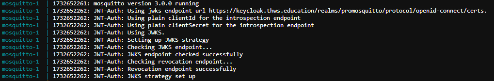 Successful log output of the JWT plugin initialization