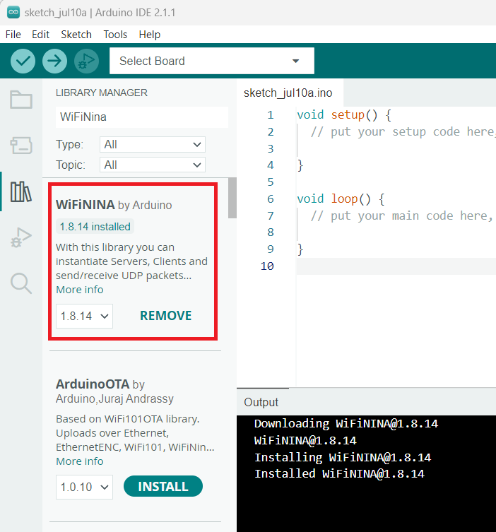 Installing the necessary software libraries: the ArduinoMqttClient and WiFiNINA.