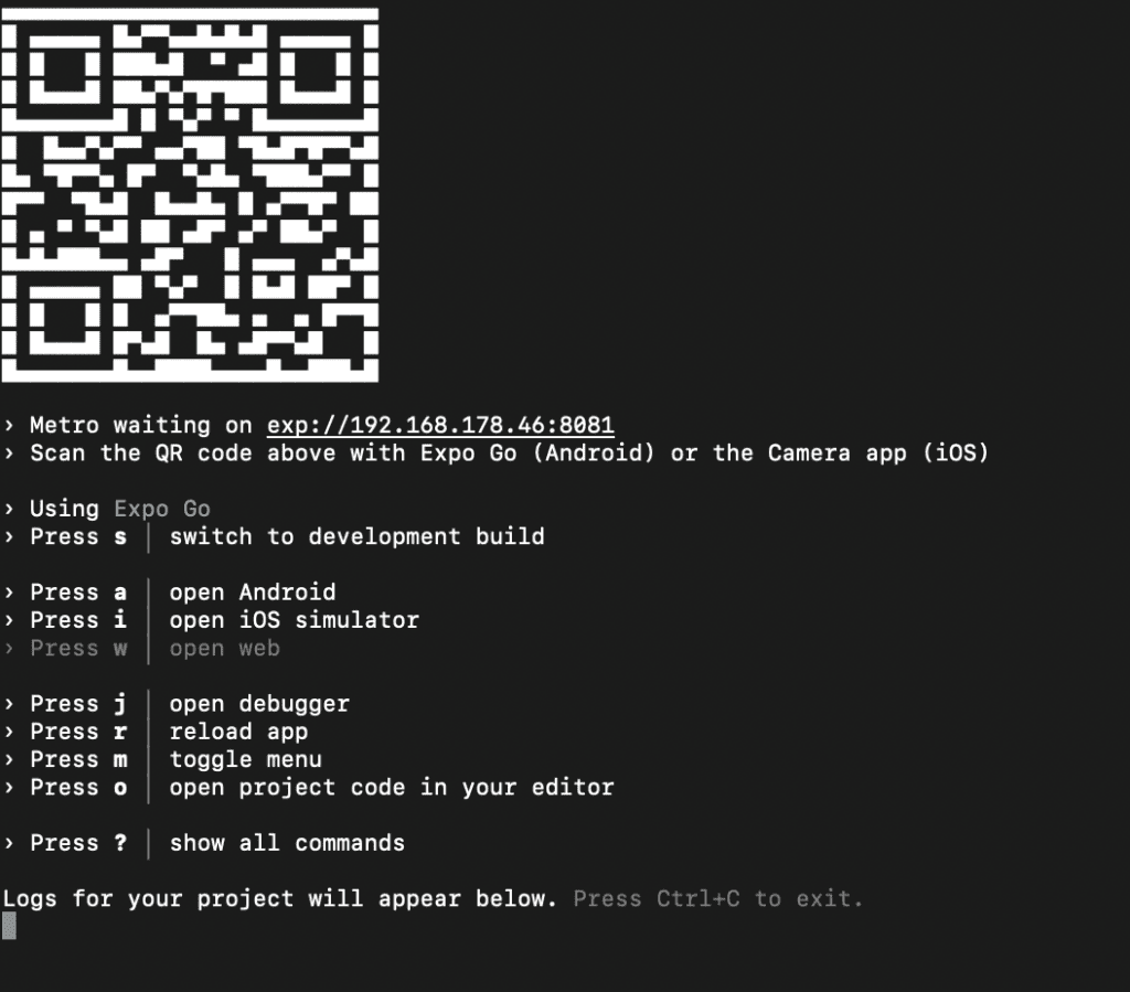 Expo app QR code prompt when using npm start.