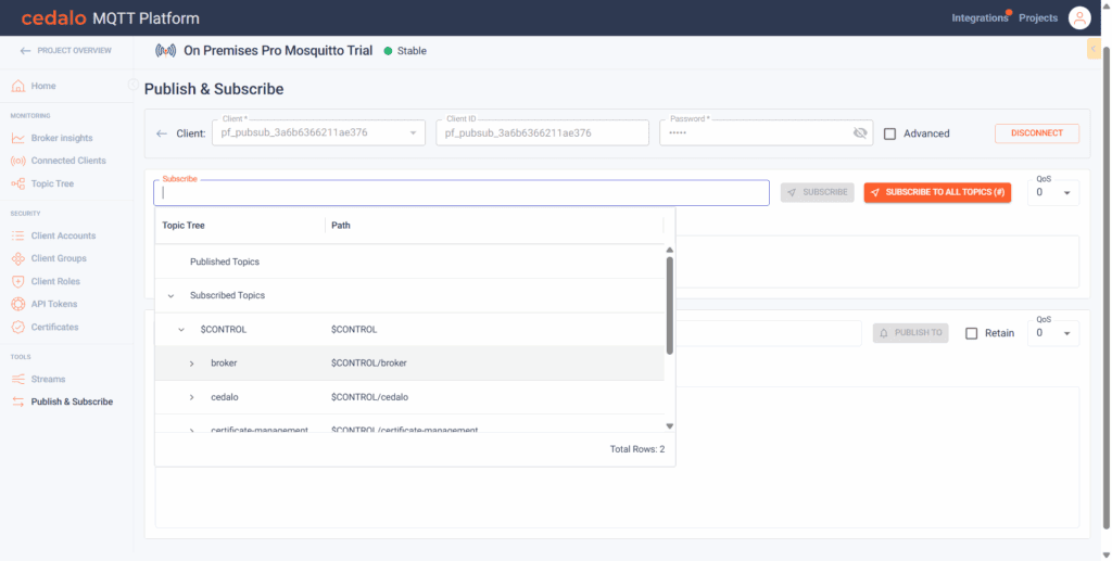Available "Subscribe" topics.