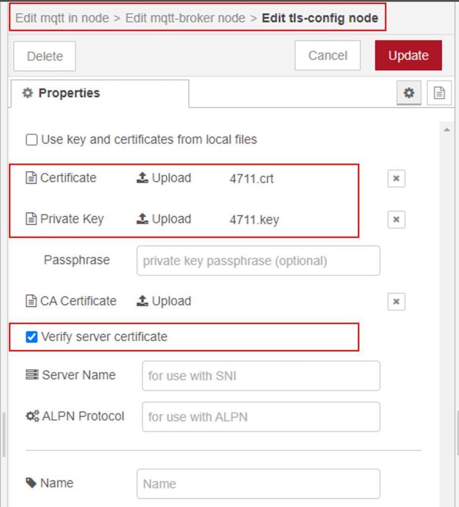 Node-RED MQTT client configuration for client certificate based authentication