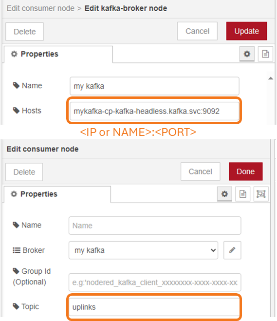 Kafka Consumer Node settings require only two fields: Host and Topic.