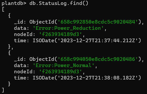 Contents of the StatusLog collection in the MongoDB shell