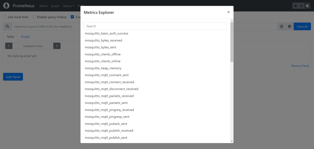Clicking on the "world" button will open a window with all available metrics in Prometheus
