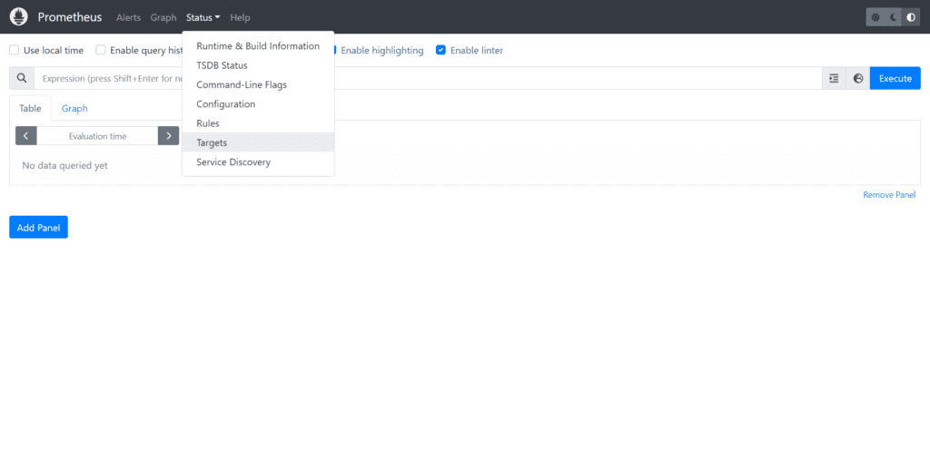 Selecting targets in the Prometheus "Status" menu