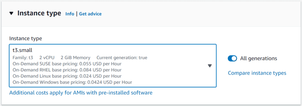Changing the instance type during the EC2 launch setup.