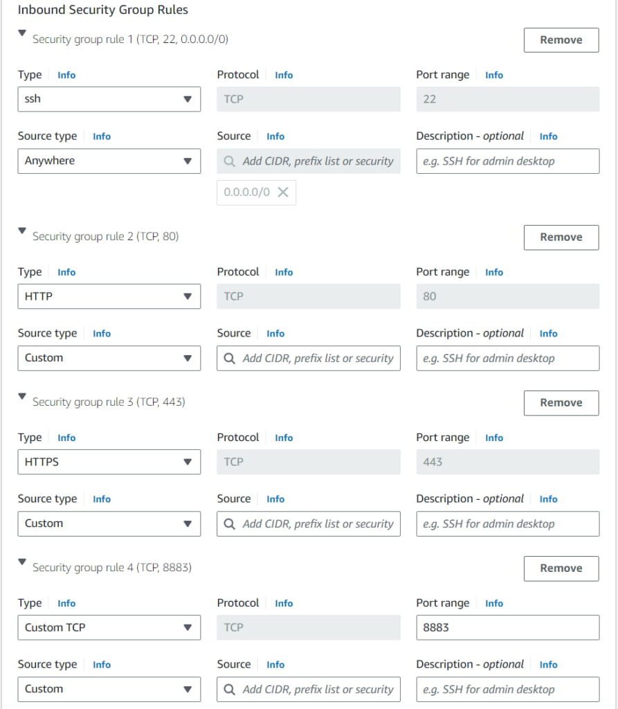 Custom edits for the inbound security group rules to enable public access to the instance in ports 22, 80, 443, and 8883.