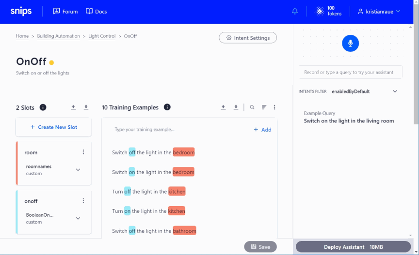 Screenshot showing how you can define the on/off intent