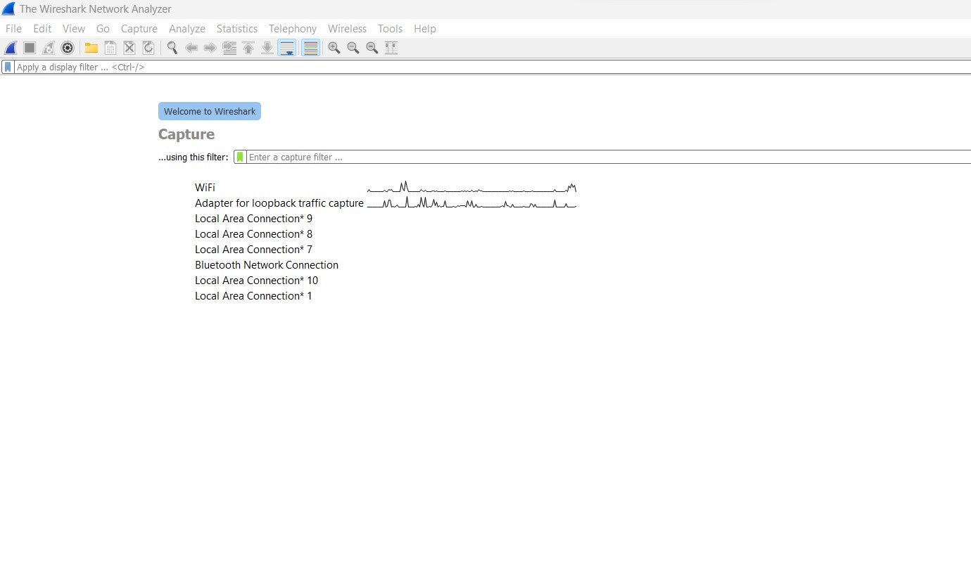 Wireshark start window with network selection options