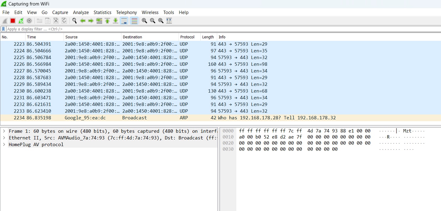 Wireshark window displaying traffic logs