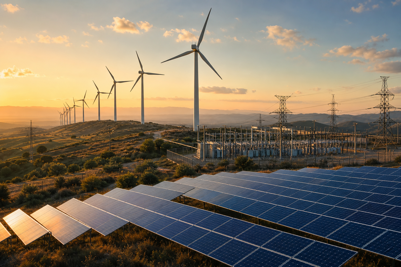 Wind turbines, solar panels, and an electrical substation at golden hour