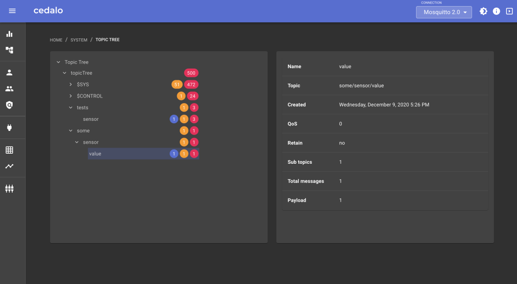A screenshot of the management center for Mosquitto in dark mode