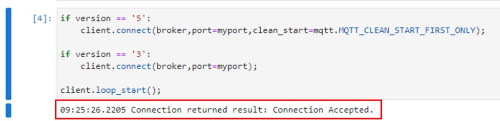 Python code in JupyterLab showing the successful MQTT broker connection