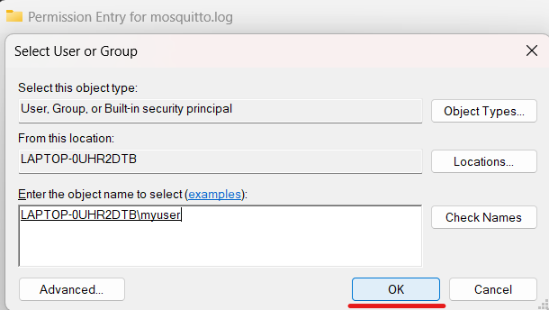 Permission entry for mosquitto.log