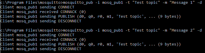 Mosquitto pub Windows command output