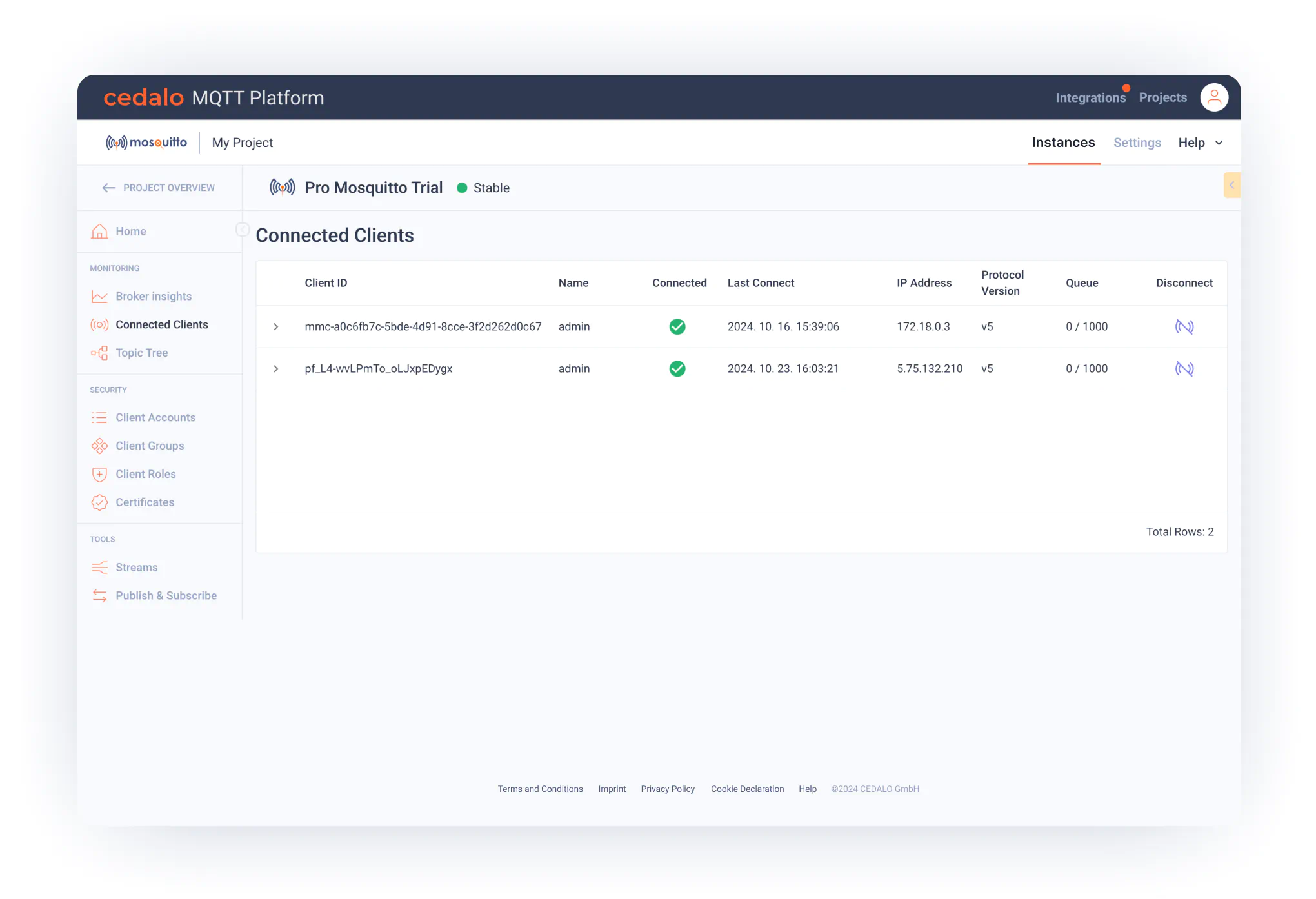 Mosquitto MQTT Client Inspect clients screenshot