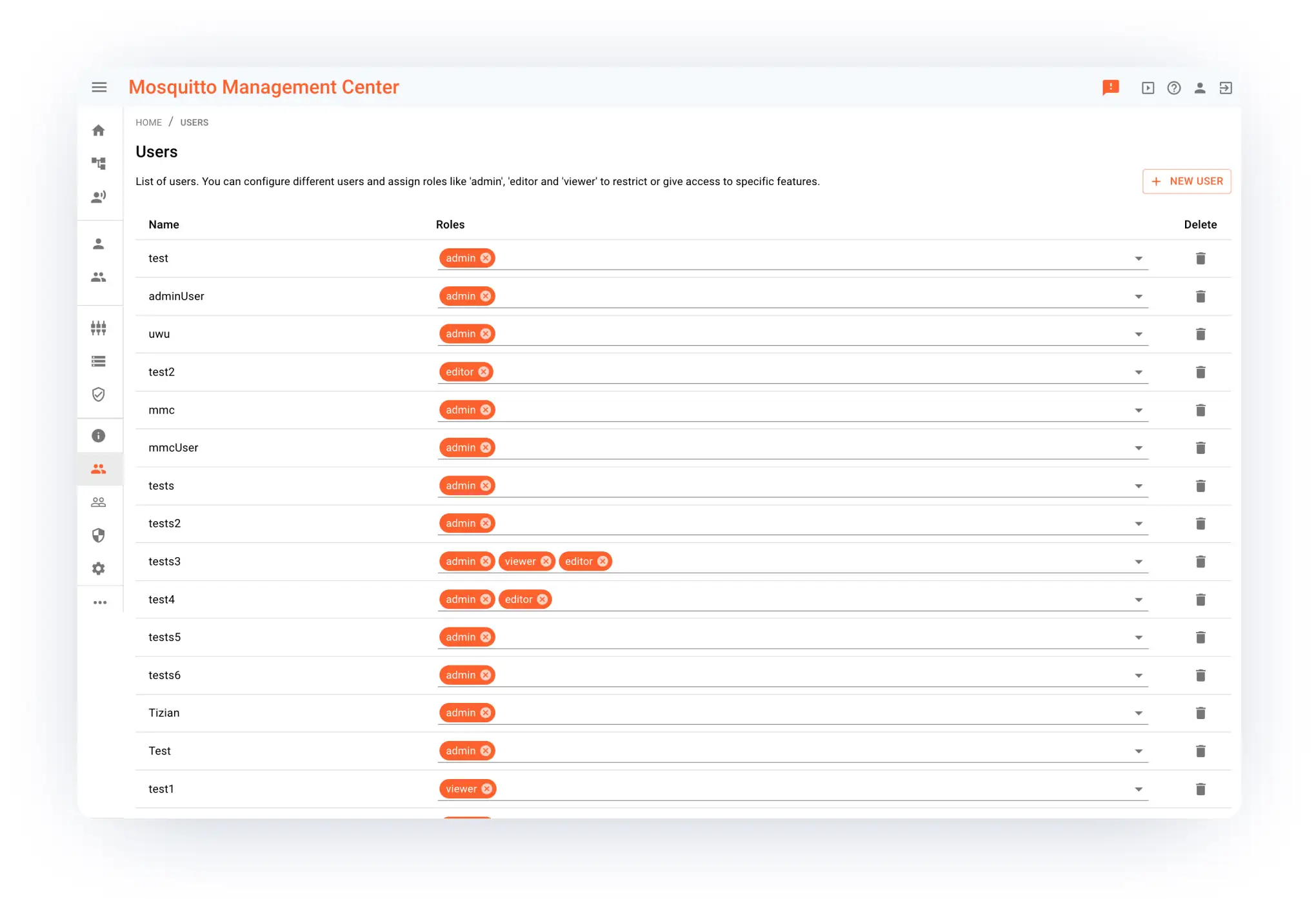 Mosquitto MQTT Client user management and grouping screenshot