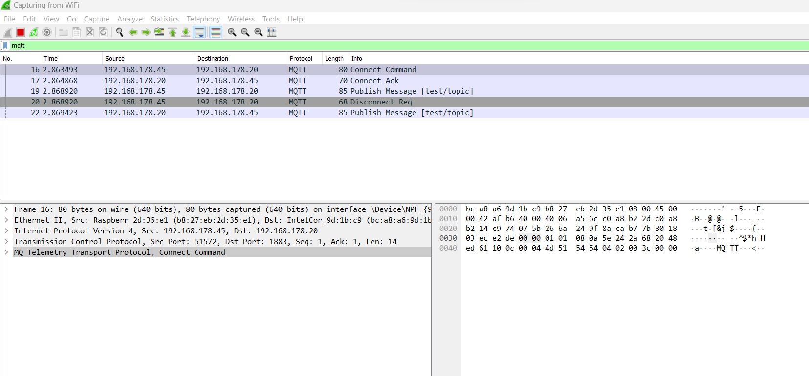 Network traffic logged during publishing operation in Wireshark