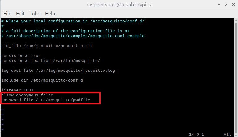 Mosquitto user authentication activation through configuration file