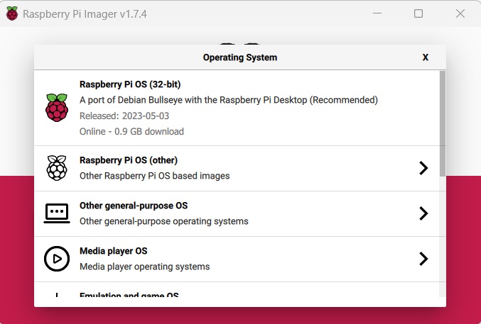 Selection of operating systems in Raspberry Pi Imager