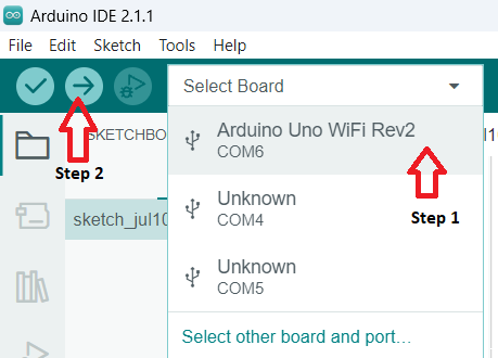 Start the Arduino client by selecting the board.