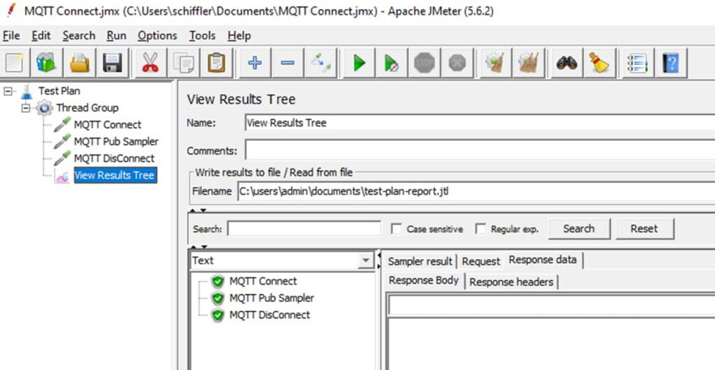 JMeter GUI after creating an MQTT test plan with the result tree
