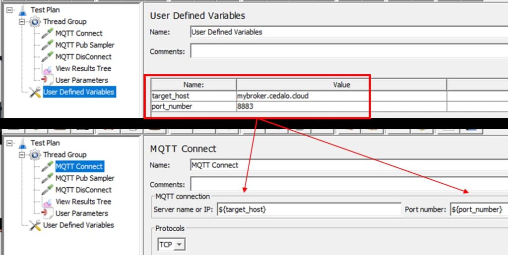 JMeter view of different configuration dialogs showing the capability to use user-defined variables