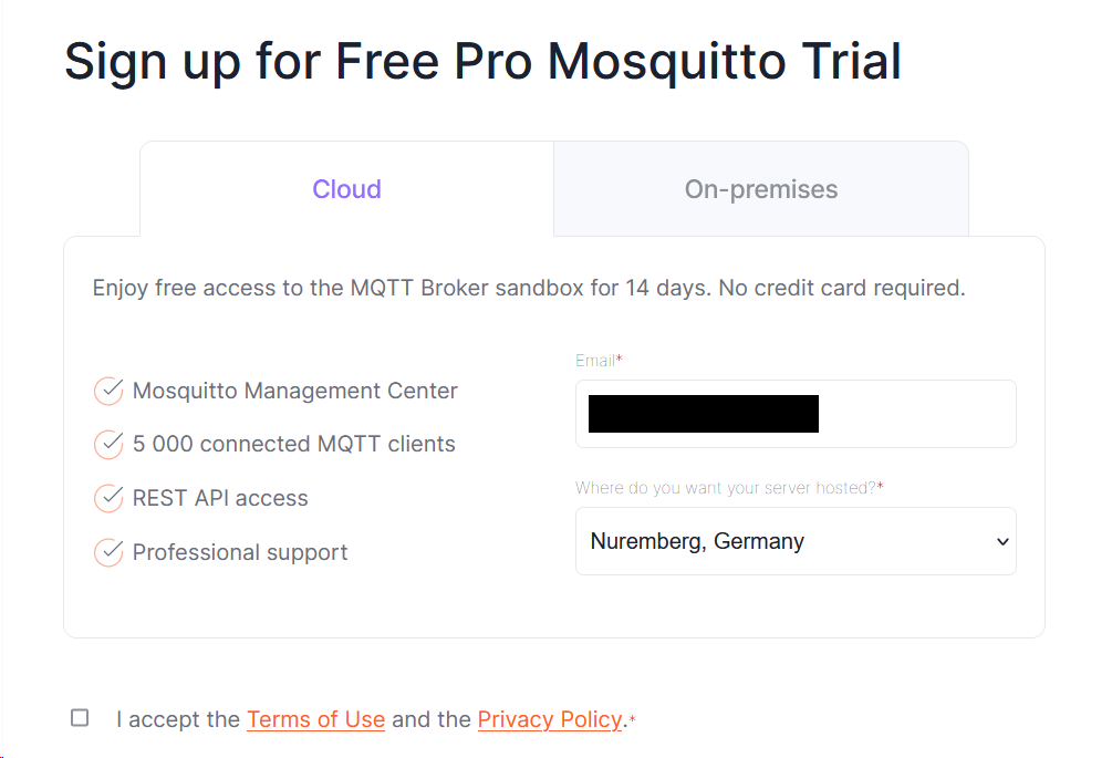 Free Pro Mosquitto cloud trial sign-up form