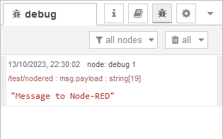A published message is displayed in the Node-RED debug window