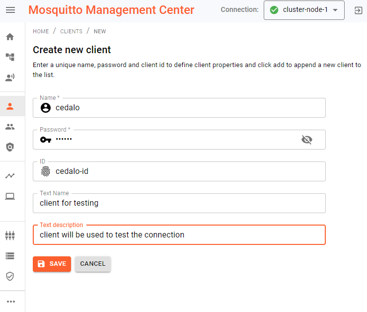 Mosquitto Management Center (MMC) dashboard with create a new client dialog