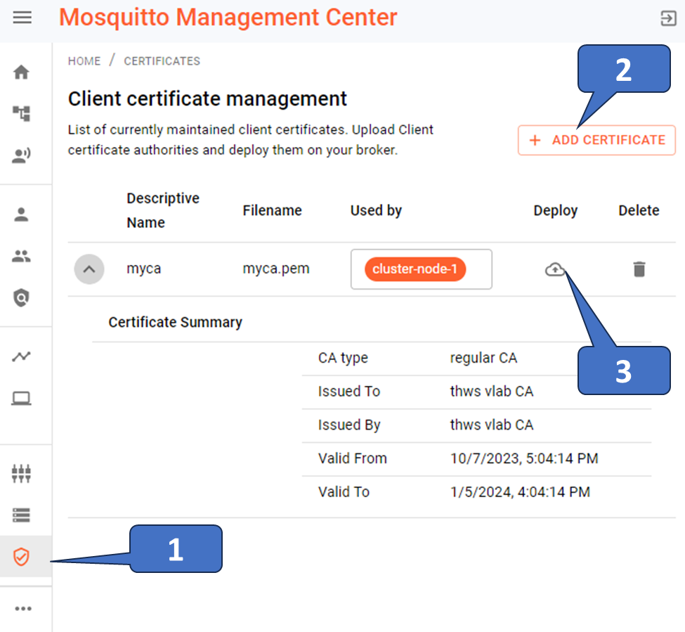 MMC operation showing how to add custom CA certificates to the MQTT broker