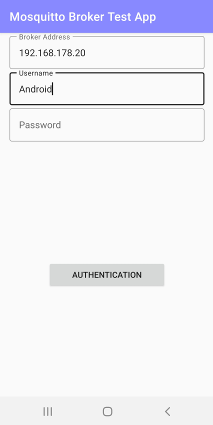 Enter the broker address, username, and password in the Android application screen.