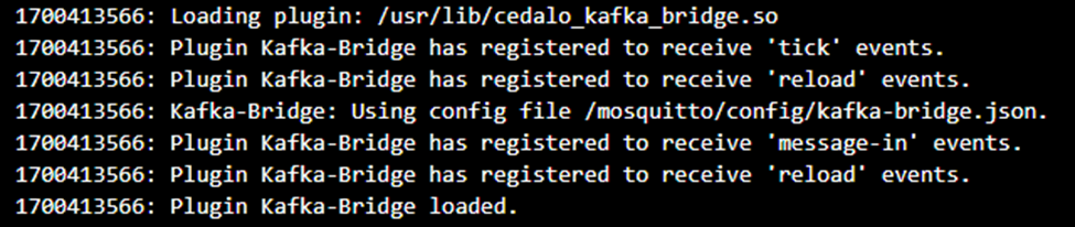 Log output of the Mosquitto broker when loading the Kafka bridge plugin.