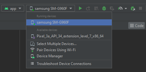 Debugging menu in the top right corner of the Android Studio IDE.