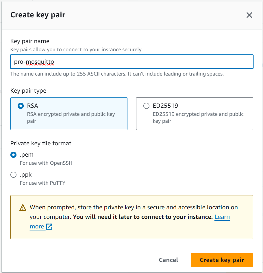 Dialog for creating a new key pair to access the EC2 instance by editing the name only.