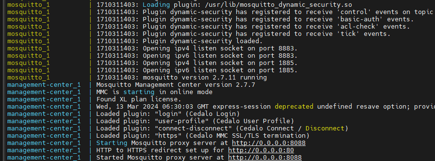 Log output of the two docker containers after a successful start-up.
