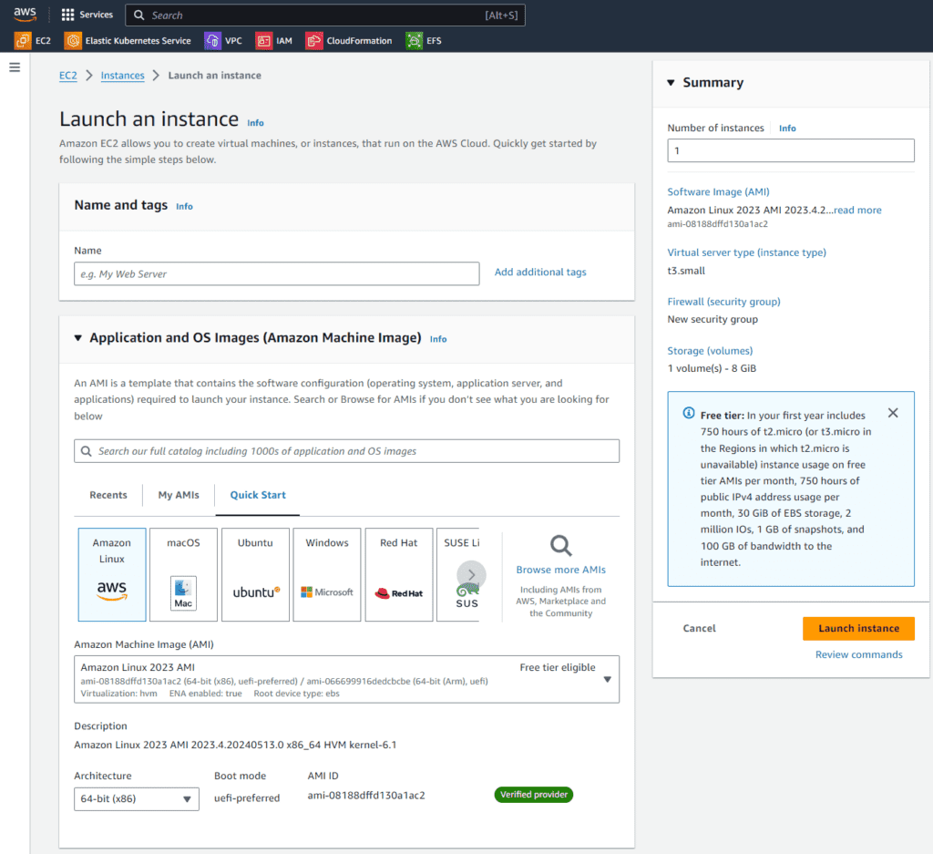 Upper part of an EC2 instance configuration with the instance name and Amazon Machine Image value