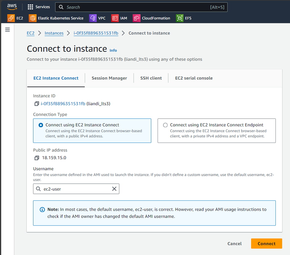 Dialog to establish a connection to an EC2 instance with default setting to connect immediately.