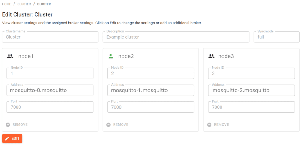 Mosquitto cluster configuration with three nodes screenshot