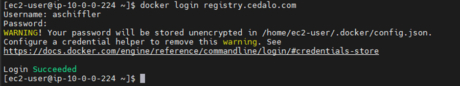 Successful login process for the Cedalo registry.