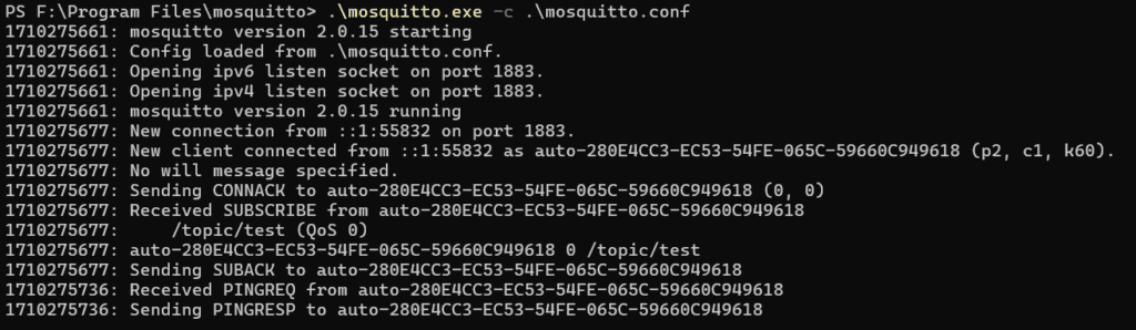 Mosquitto logs the client connection and the subscription request over /topic/test